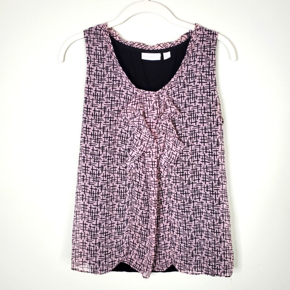 New York and Company Stretch Pink Ruffle Bib Front Sleeveless Blouse Size S
